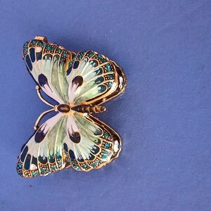 Butterfly MINI Enameled Trinket Box Embellished with Green Rhinestones 3" Long